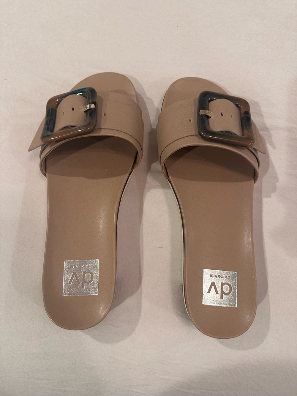 DV by Dolce Vita Taupe Slide Sandals with Tortoiseshell Buckle